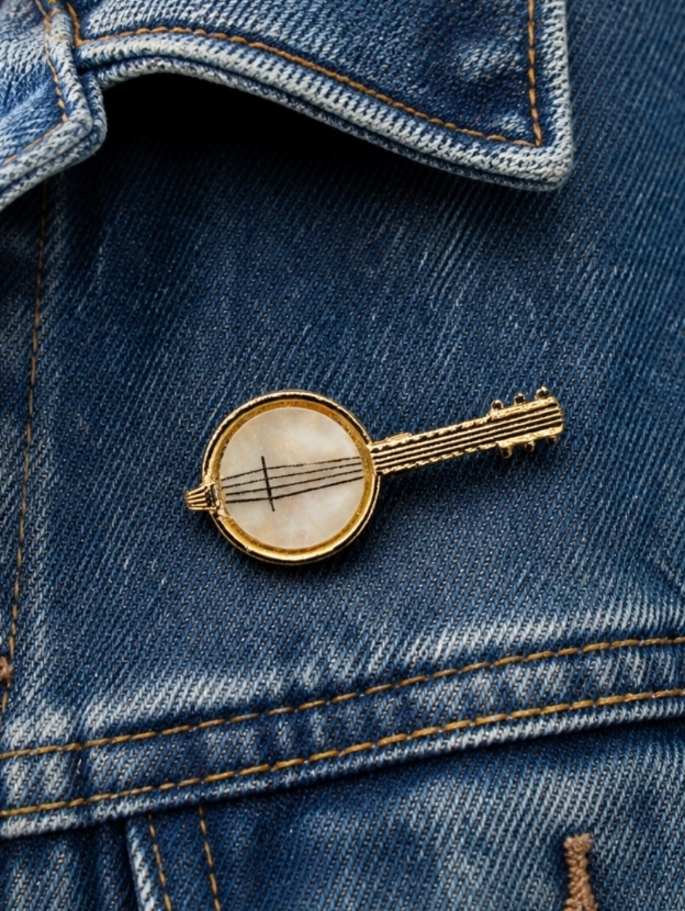 Vintage Banjo Brooch Gold Tone Mother of Pearl Music Pin